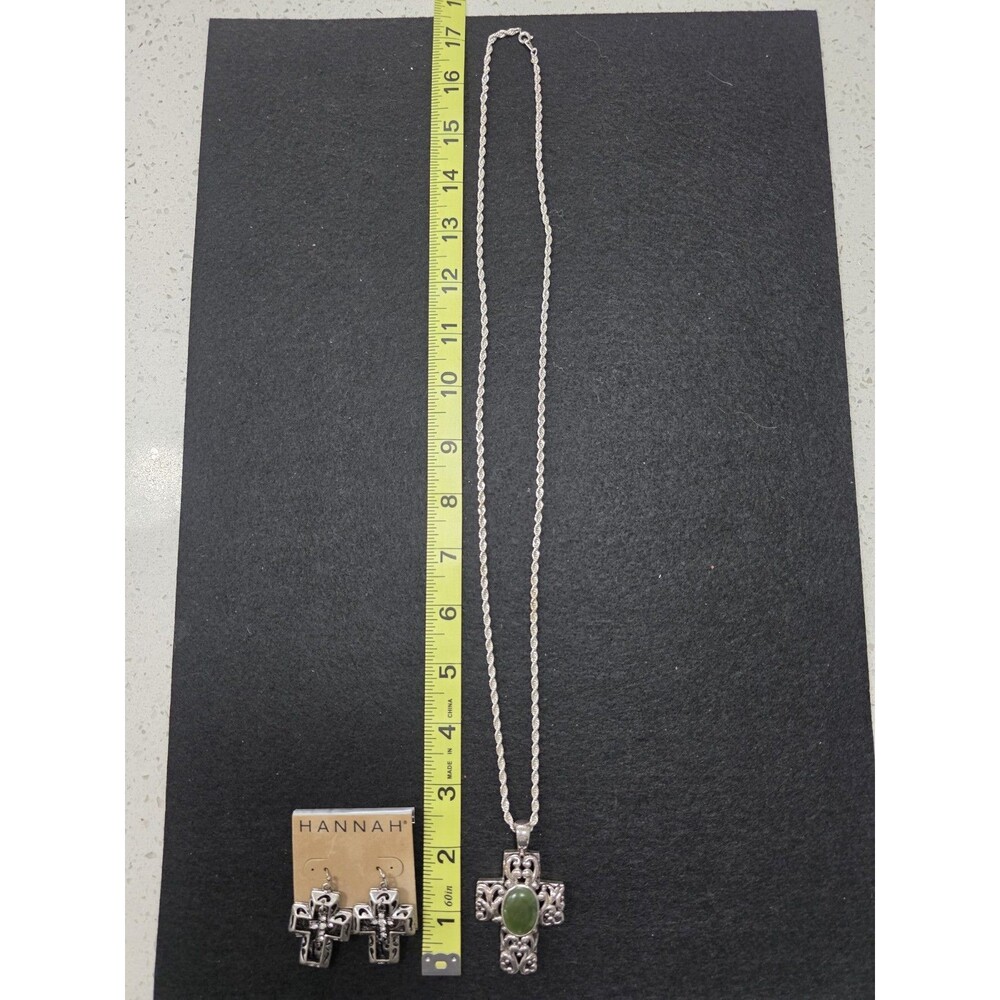 Vintage 15in rope chain, Jade color stone Cross pendant, Hannah Cross earrings